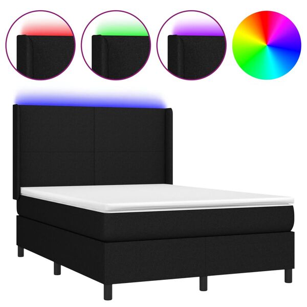 vidaXL Cama box spring c/ colch&atilde;o e LED 140x190 cm tecido preto