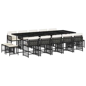 vidaXL 15 pcs conjunto de jantar p/jardim com almofad&otilde;es vime PE preto