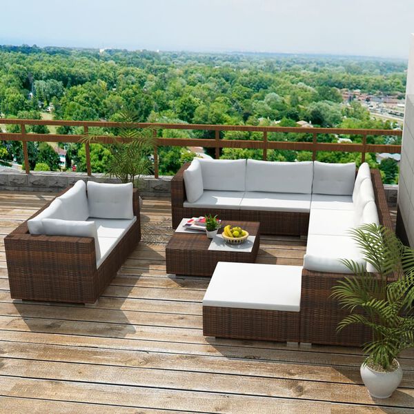 vidaXL 10 pcs conjunto lounge jardim c/ almofad&otilde;es vime PE castanho