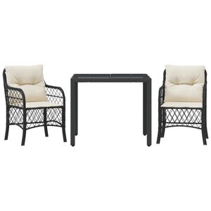 vidaXL 3 pcs conjunto de bistr&ocirc; com almofad&otilde;es vime PE preto