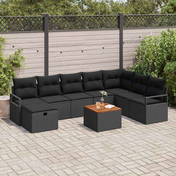 vidaXL Conjunto de Sof&aacute; de Jardim com almofada 9 pcs Preto vime PE