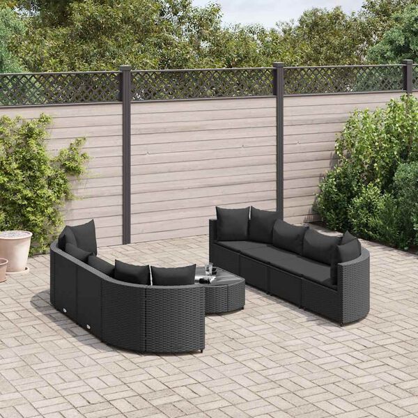 vidaXL 9 pcs conjunto de sof&aacute;s p/ jardim c/ almofad&otilde;es vime PE preto