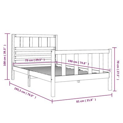 vidaXL Estrutura cama peque solteiro 75x190cm madeira maciça cinzento