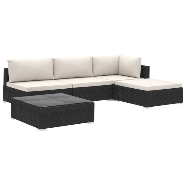 vidaXL 5 pcs conjunto lounge de jardim c/ almofad&otilde;es vime PE preto