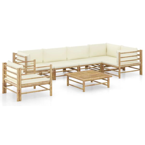 vidaXL 7 pcs conj. lounge p/ jardim em bambu c/ almofadões branco nata