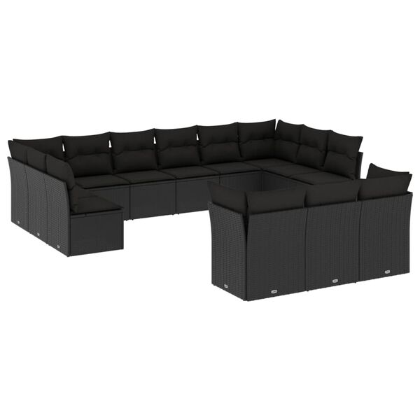 vidaXL 13 pcs conjunto de sof&aacute;s de jardim com almofad&otilde;es vime PE preto
