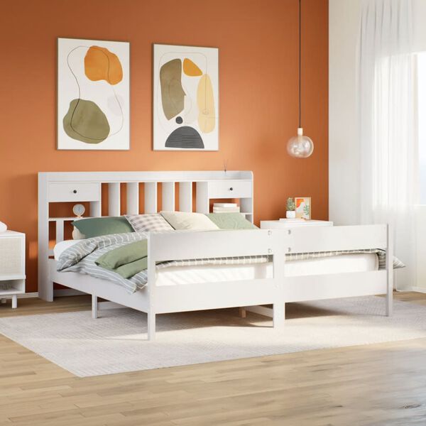vidaXL Cama com estante sem colch&atilde;o 180x200 cm pinho maci&ccedil;o branco