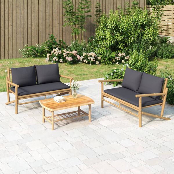 vidaXL 3pcs conj. lounge de jardim bambu c/ almofadões cinzento-escuro
