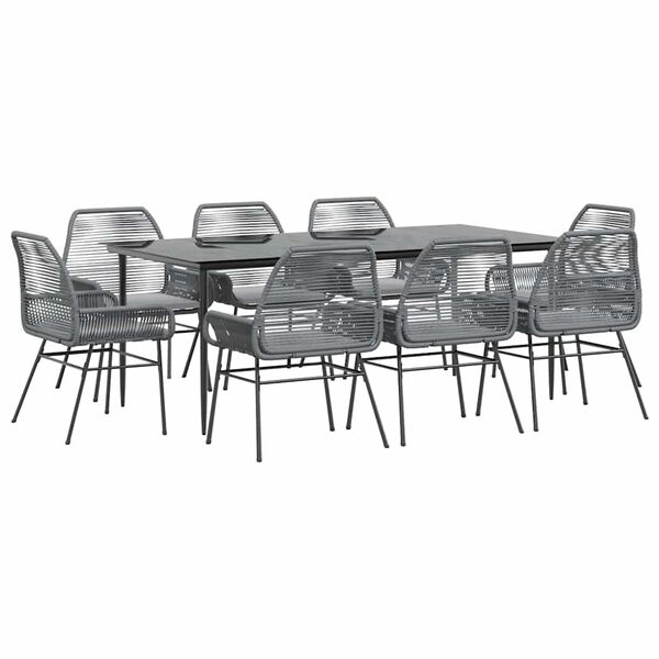 vidaXL Conjunto jantar jardim 9 pe&ccedil;as almofadas vidro vime cinzento PE