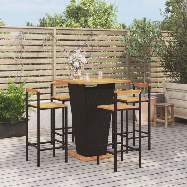 vidaXL 5 pcs conjunto de bar p/ jardim vime PE/ac&aacute;cia maci&ccedil;a preto