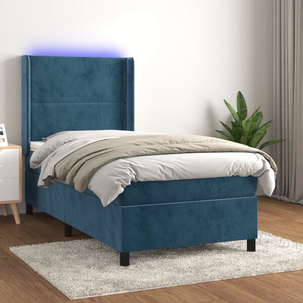 vidaXL Cama box spring c/ colch&atilde;o/LED 90x190 cm veludo azul-escuro