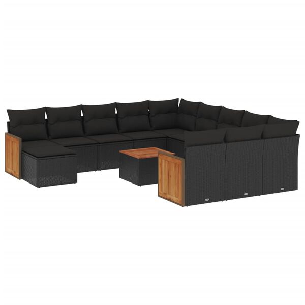vidaXL 13 pcs conjunto de sof&aacute;s de jardim com almofad&otilde;es vime PE preto