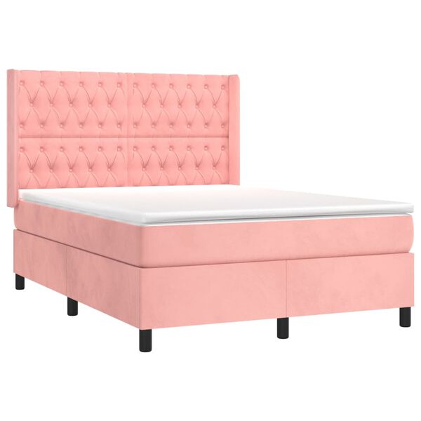 vidaXL Cama box spring c/ colch&atilde;o/LED 140x190 cm veludo rosa