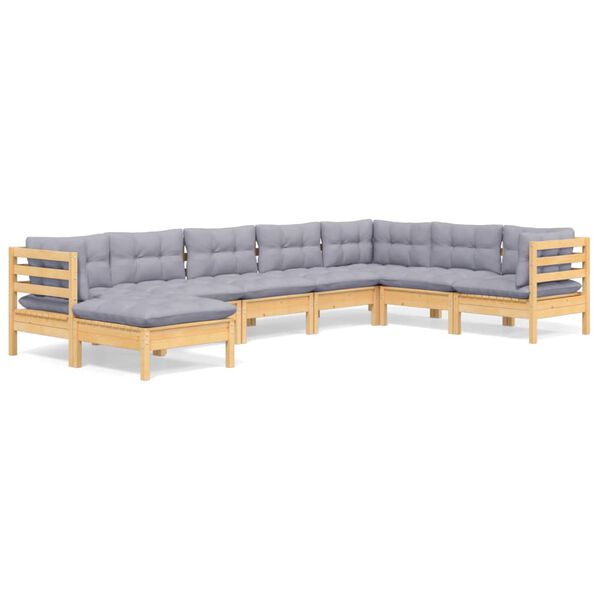 vidaXL 8 pcs conjunto lounge de jardim + almofadões cinza pinho maciço