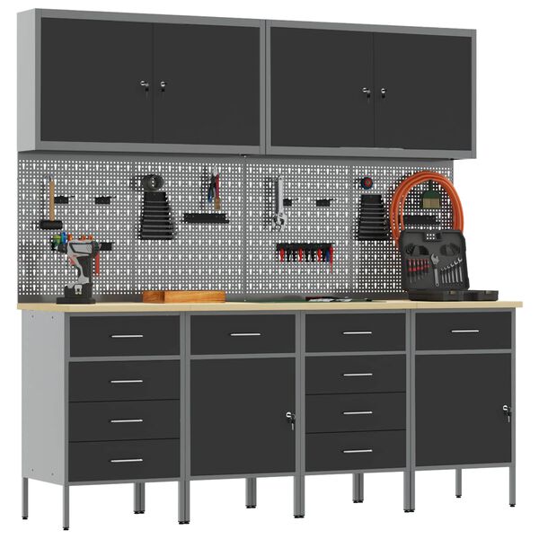 vidaXL Arm&aacute;rio de Trabalho 10 pcs Preto Madeira de Engenharia e A&ccedil;o