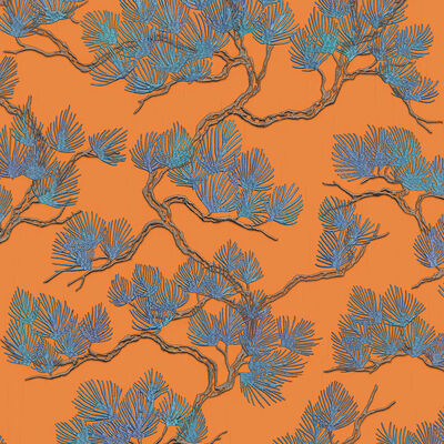 DUTCH WALLCOVERINGS Papel de parede efeito pinheiros azul e laranja