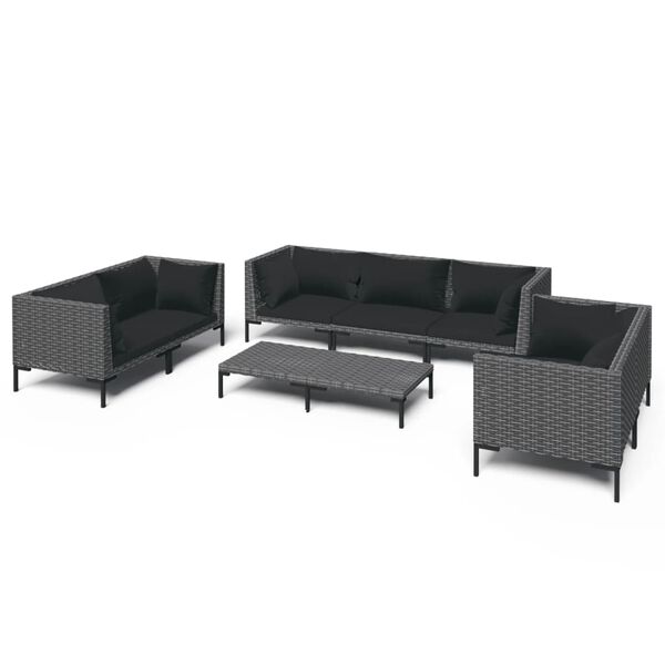 vidaXL 8 pcs conj. lounge jardim c/ almofadões vime PE cinzento-escuro