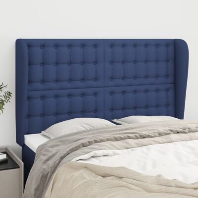 vidaXL Cabeceira de cama c/ abas tecido 147x23x118/128 cm azul