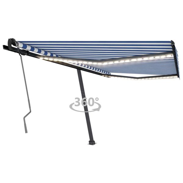 vidaXL Toldo retrátil manual com LED 400x350 cm azul e branco