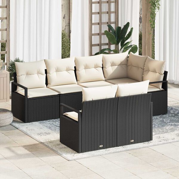 vidaXL Conjunto de Sof&aacute; de Jardim 7 pcs Preto e Branco vime PE