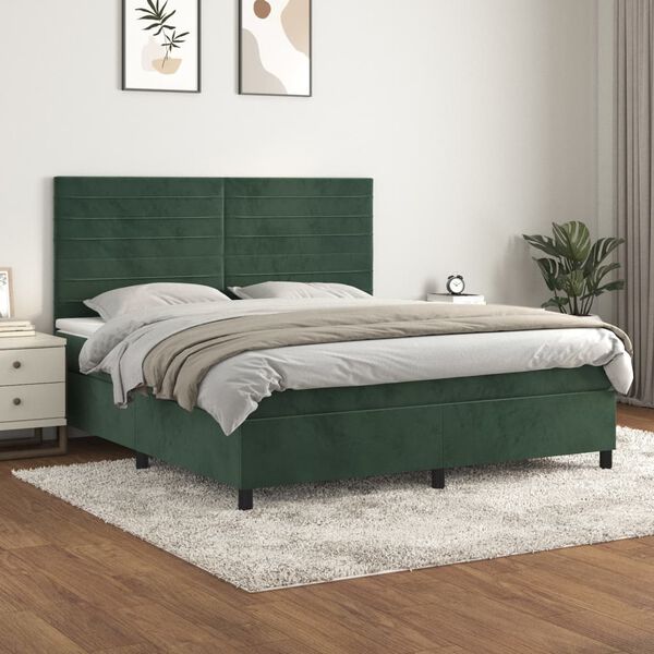 vidaXL Cama com molas/colch&atilde;o 160x200 cm veludo verde-escuro