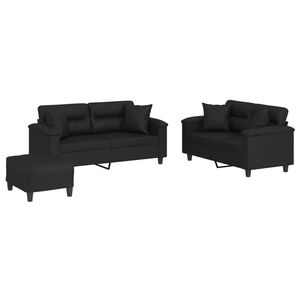 vidaXL 3 pcs conjunto de sof&aacute;s com almofadas couro artificial preto