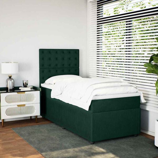 vidaXL Cama com molas/colch&atilde;o 100x200 cm veludo verde-escuro