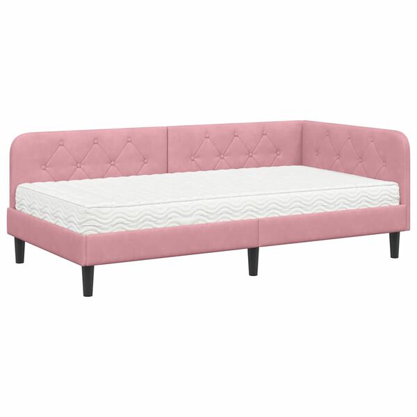 vidaXL Estrutura de Cama de Canto com colch&atilde;o Rosa 100 x 200 cm Veludo