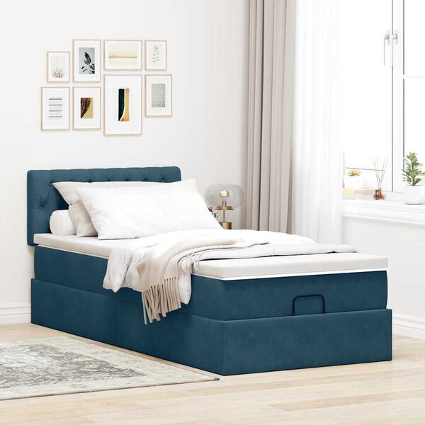 vidaXL Estrutura cama otomana com colch&atilde;o azul escuro 90x190cm veludo