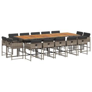 vidaXL 15 pcs conjunto jantar p/ jardim c/ almofad&otilde;es vime PE cinzento
