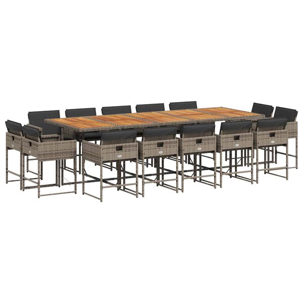 vidaXL 15 pcs conjunto jantar p/ jardim c/ almofad&otilde;es vime PE cinzento
