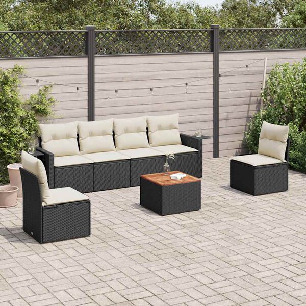 vidaXL 7 pcs conjunto de sof&aacute;s p/ jardim c/ almofad&otilde;es vime PE preto