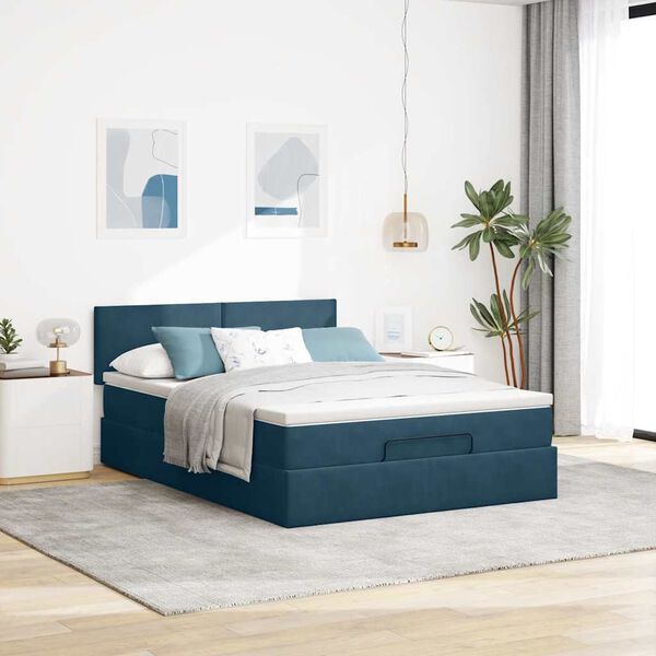 vidaXL Estrutura de cama otomana com colch&atilde;o 140x190cm azul escuro