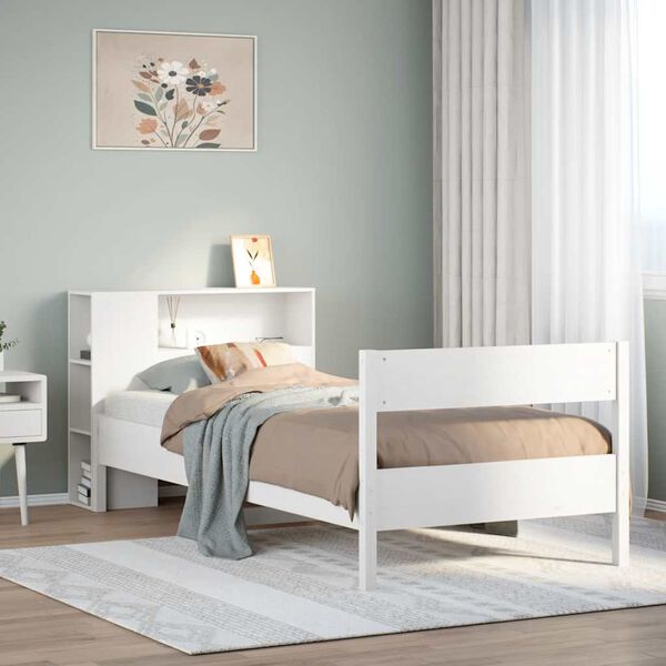 vidaXL Cama com estante sem colch&atilde;o 90x200 cm pinho maci&ccedil;o branco