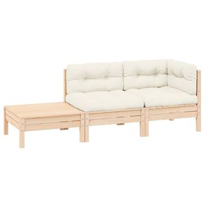 vidaXL 3 pcs conjunto lounge jardim c/ almofad&otilde;es creme pinho maci&ccedil;o