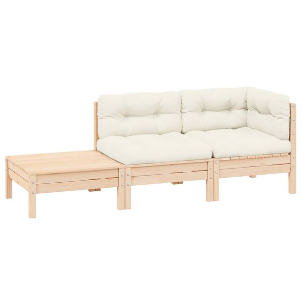 vidaXL 3 pcs conjunto lounge jardim c/ almofadões creme pinho maciço