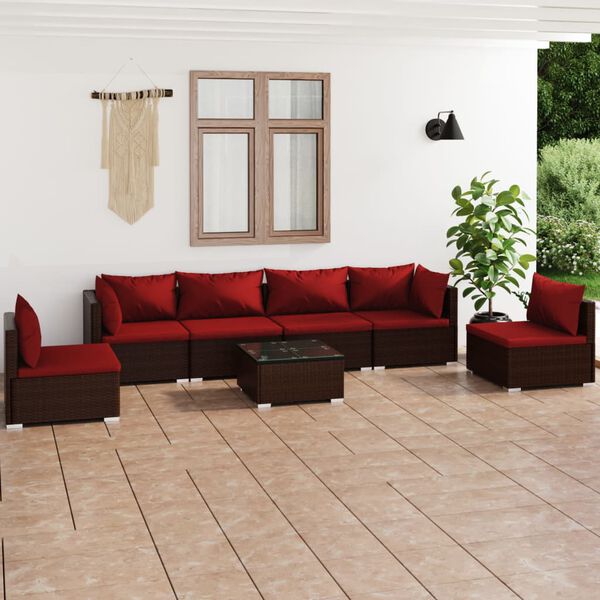 vidaXL 7 pcs conjunto lounge jardim c/ almofad&otilde;es vime PE castanho