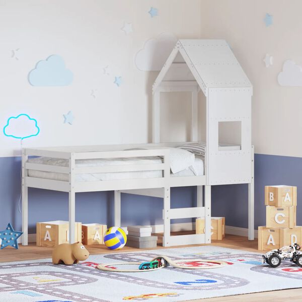 vidaXL Cama alta com telhado 90x190 cm pinho maci&ccedil;o branco