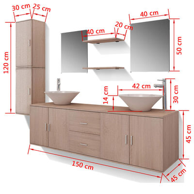 vidaXL Conjunto móveis casa de banho 11 pcs com bacia e torneira bege