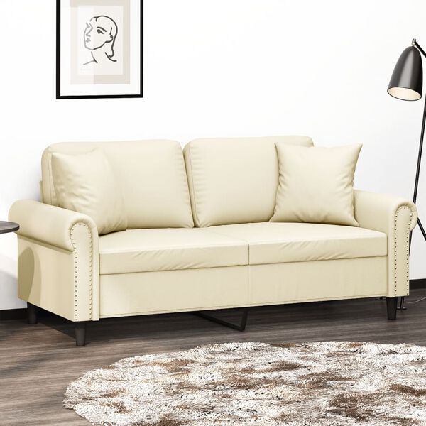 vidaXL Sof&aacute; 2 lugares + almofadas decorativas 140cm couro artif. creme