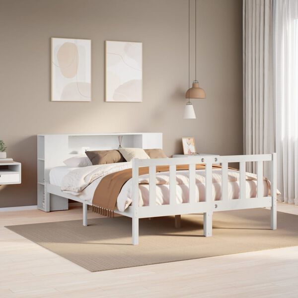 vidaXL Cama com estante sem colchão 140x200 cm pinho maciço branco