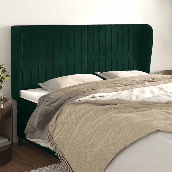 vidaXL Cabeceira cama c/ abas veludo 163x23x118/128 cm verde-escuro