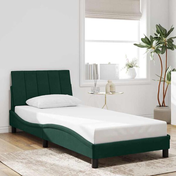 vidaXL Estrutura de cama com LED sem colch&atilde;o Hanko 90x190 cm veludo verde-escuro