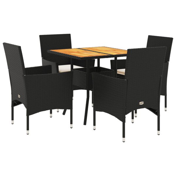 vidaXL 5 pcs conjunto jantar jardim c/ almofad&otilde;es vime PE/ac&aacute;cia preto