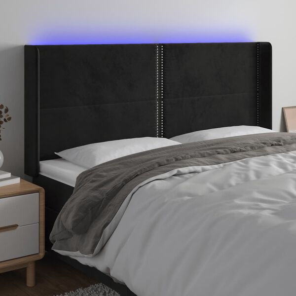 vidaXL Cabeceira de cama c/ luzes LED veludo 163x16x118/128 cm preto
