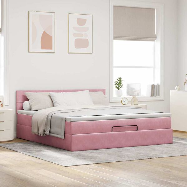 vidaXL Estrutura de cama otomana com colch&atilde;o 160x200 cm veludo rosa
