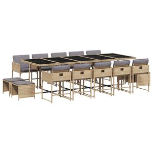 vidaXL 15 pcs conj. jantar jardim c/ almofad&otilde;es vime PE bege misturado