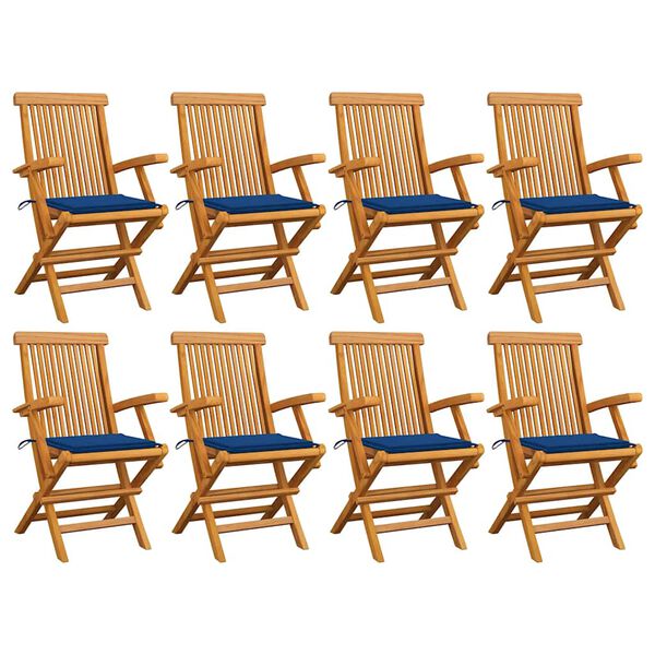 vidaXL Cadeiras de jardim c/ almofadões azul real 8 pcs teca maciça
