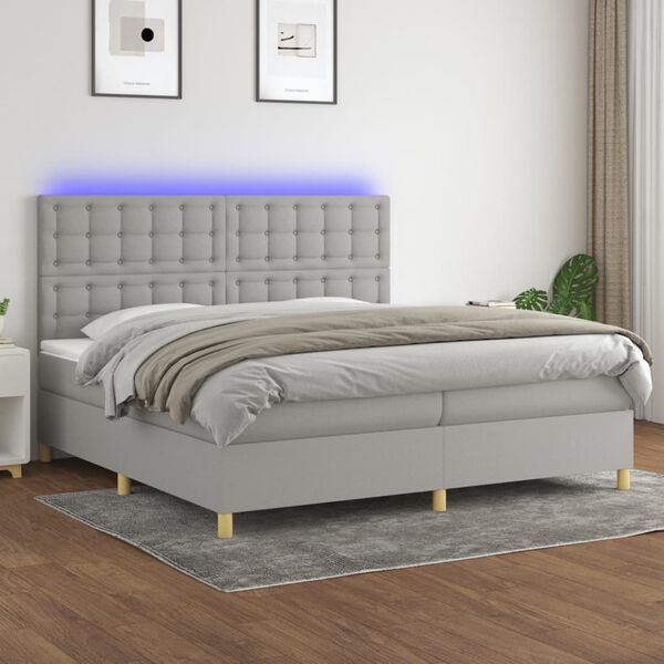 vidaXL Cama box spring c/ colch&atilde;o e LED 200x200 cm tecido cinza-claro