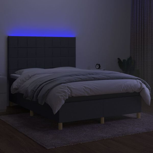 vidaXL Cama box spring c/ colch&atilde;o e LED 140x190 cm tecido cinza-escuro